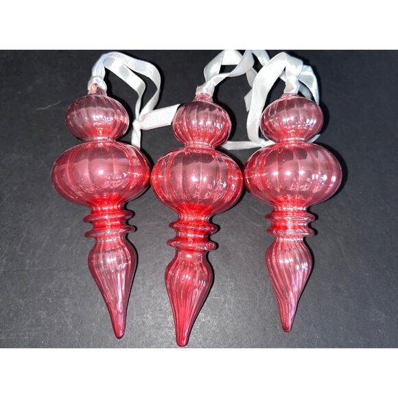 6 Vintage Style Red Glass Finial Christmas Ornaments With Ribbon Hangers - Picture 3 of 6